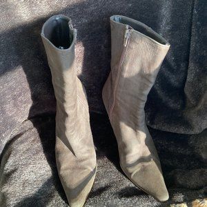 Chocolate brown suede heeled denim boots